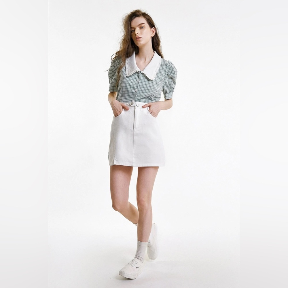 J.Ing Sea Green Plaid Cottage Puff Sleeve Ruffled Statement Collar Shirt Top Nwt — image 2 of 6
